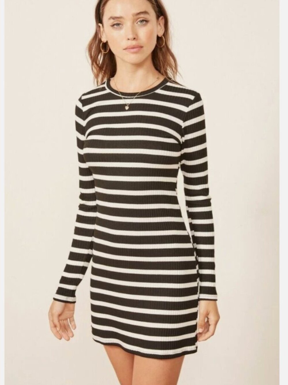 Reformation Black and White Jeanne Rib Knit Striped Long Sleeve Dress XS